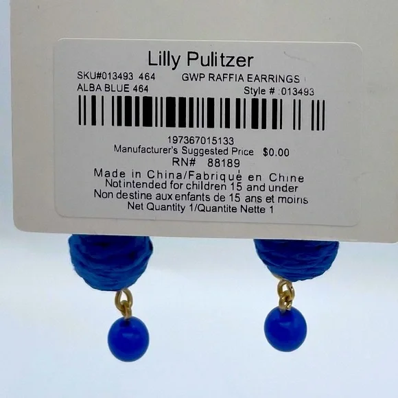 Lilly Pulitzer Blue Raffia Dangle Post Earrings NWT - Picture 2 of 3